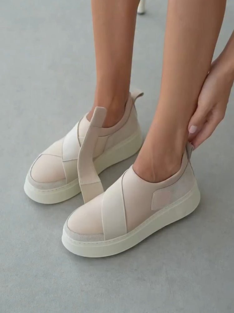 Beige Cross-Strap Slip-On Sneakers