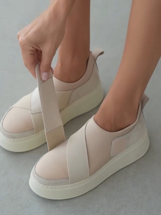 Beige Cross-Strap Slip-On Sneakers
