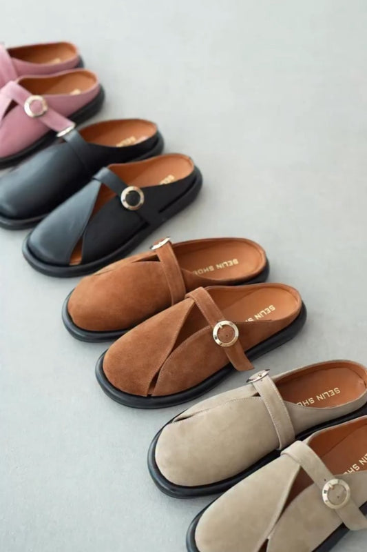 Suede Slip-On Sandals With Ring Buckle Detail