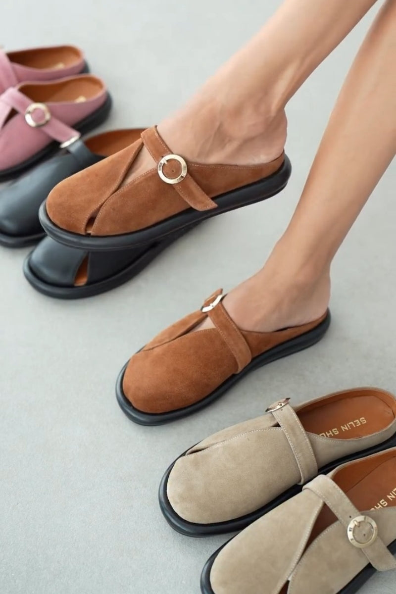 Suede Slip-On Sandals With Ring Buckle Detail