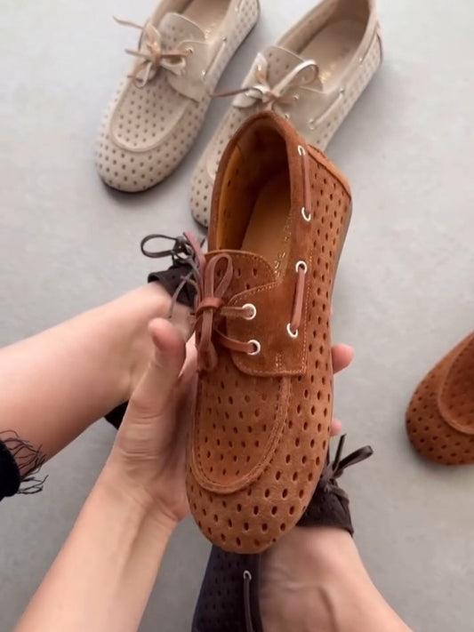 Suede Perforated Loafers With Bow Detail