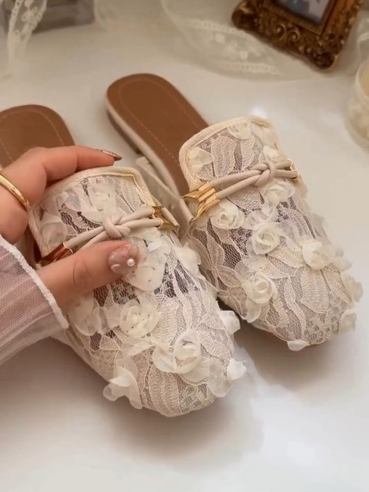 White Floral Lace Slip-On Loafers