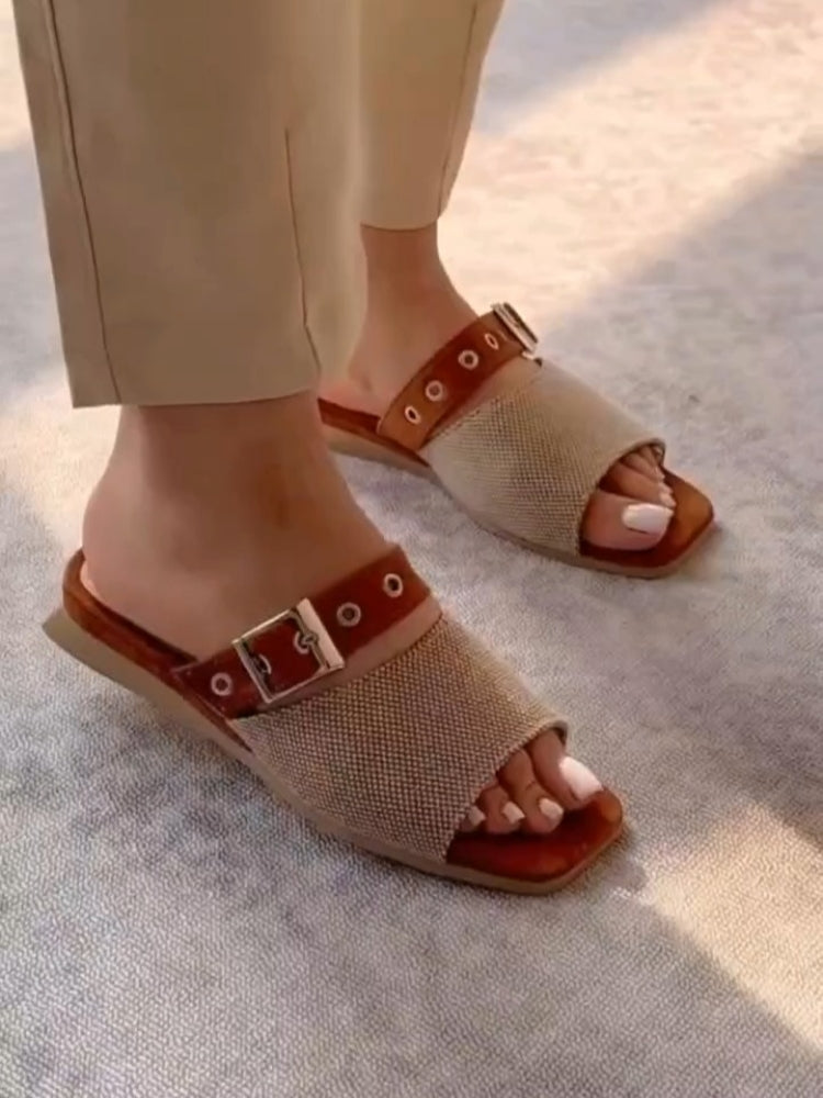 Beige Buckle Strap Slide Sandals