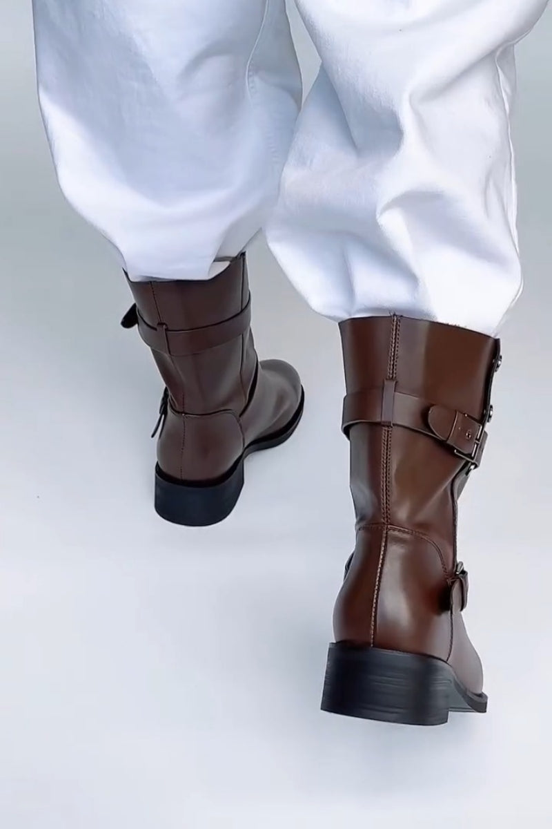 Brown Mid-Calf Leather Boots With Buckle Straps