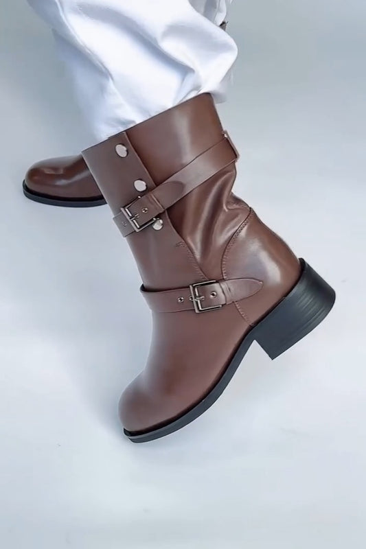 Brown Mid-Calf Leather Boots With Buckle Straps