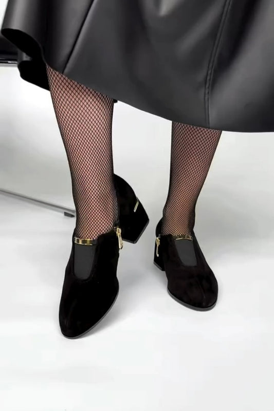 Black Heeled Loafers With Gold Buckle Details
