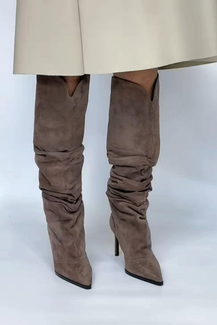 Taupe Suede Slouchy Knee-High Boots With Pointed Toe