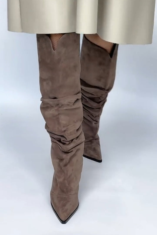 Taupe Suede Slouchy Knee-High Boots With Pointed Toe