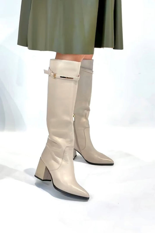 Cream Knee-High Boots With Block Heel