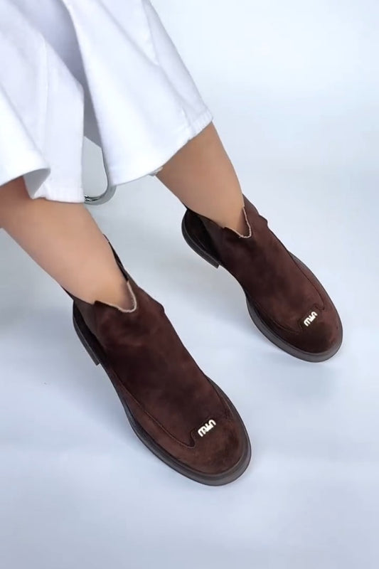 Dark Brown Suede Chelsea Boots With Gold Accent