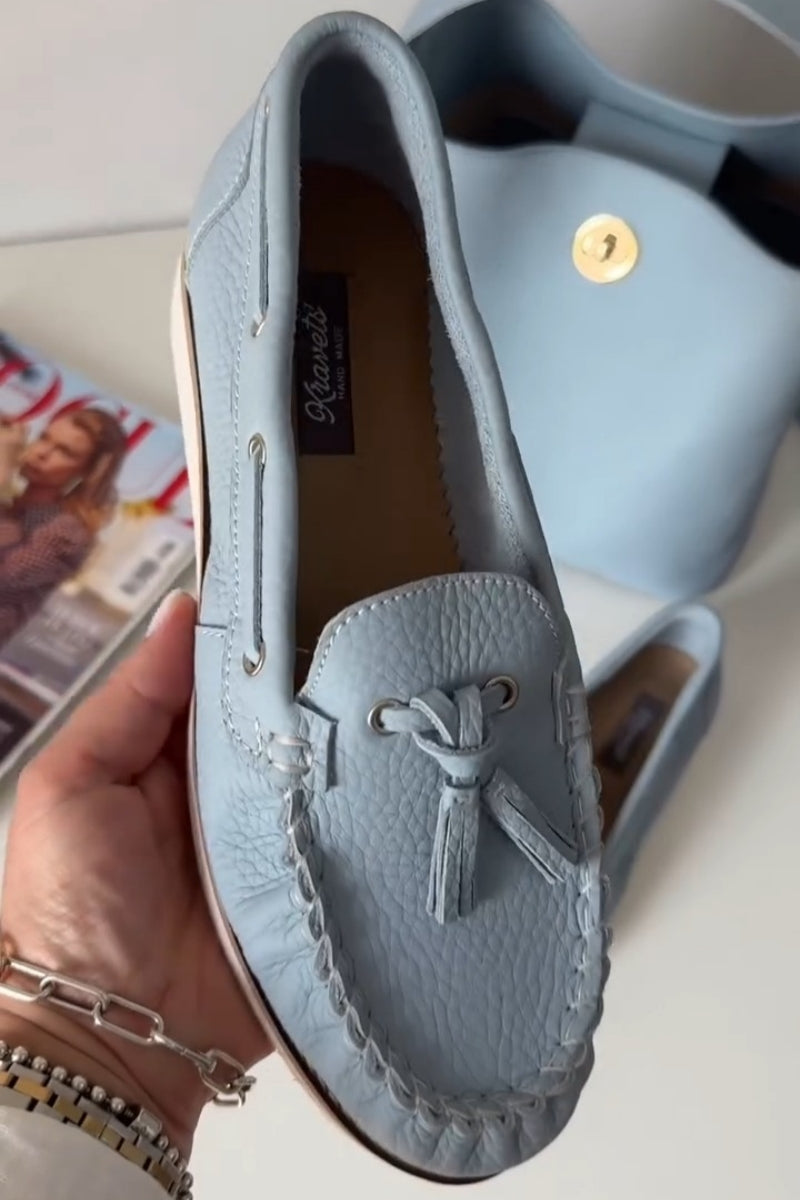 Powder Blue Fringed Leather Loafers
