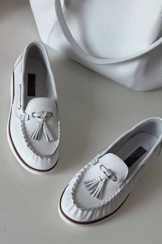 Powder Blue Fringed Leather Loafers