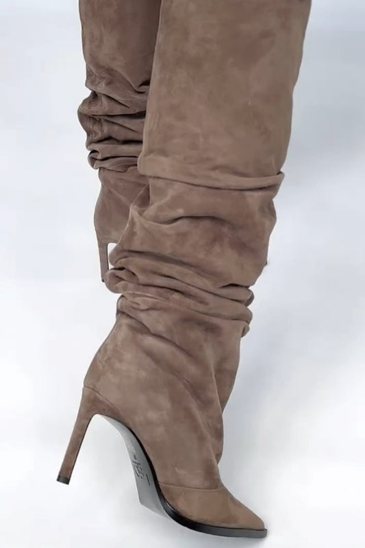 Taupe Suede Slouchy Knee-High Boots With Pointed Toe