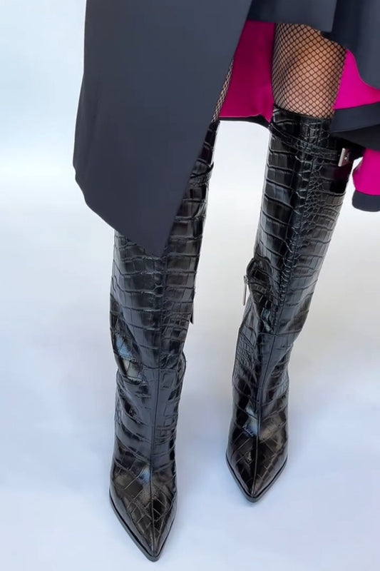Black Croc-Effect Knee-High Boots With Pointed Toe