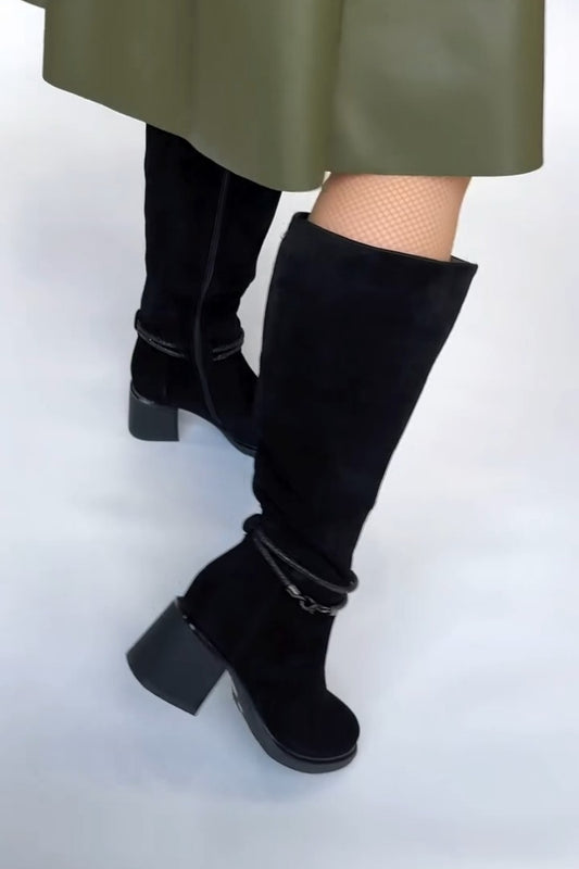 Black Suede Slouch Knee-High Boots With Block Heel