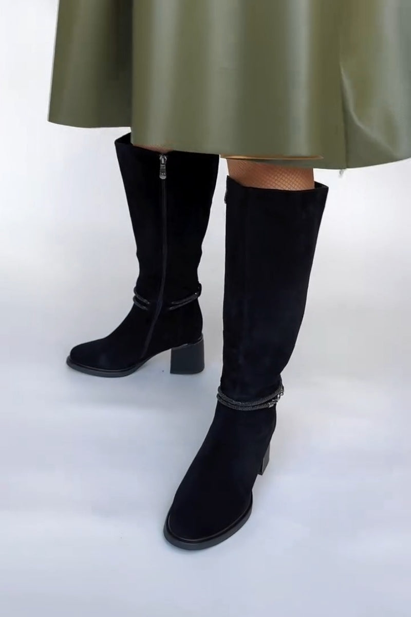 Black Suede Slouch Knee-High Boots With Block Heel
