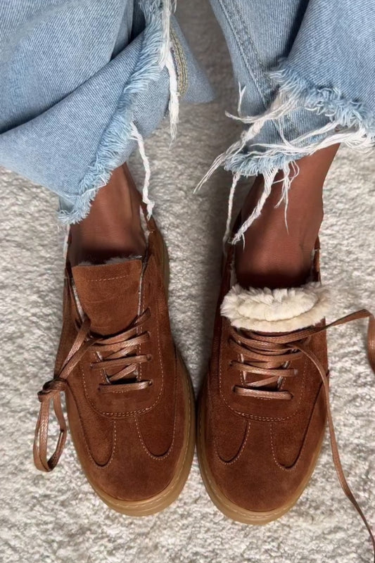 Brown Suede Lace-Up Boots With Shearling