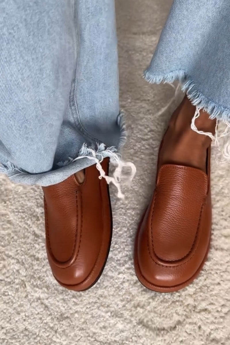 Brown Leather Moccasin-Loafer Mules