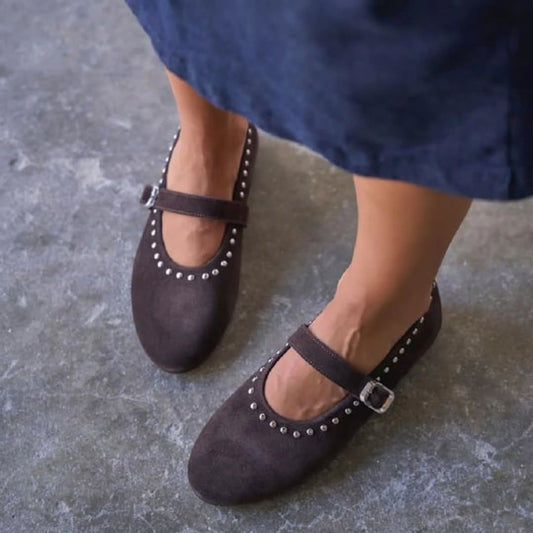Taupe Studded Mary Janes With Strap