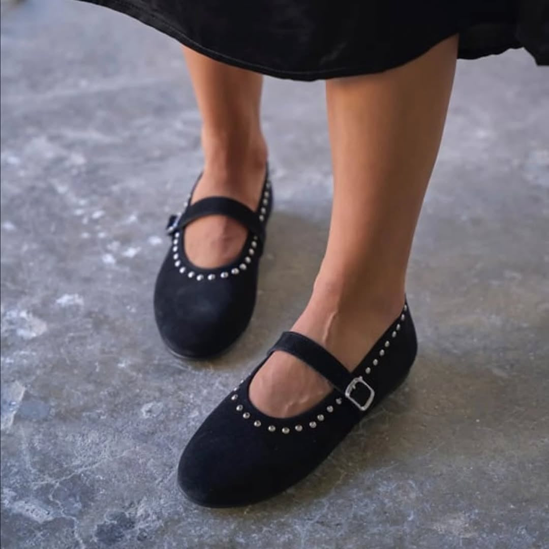 Taupe Studded Mary Janes With Strap