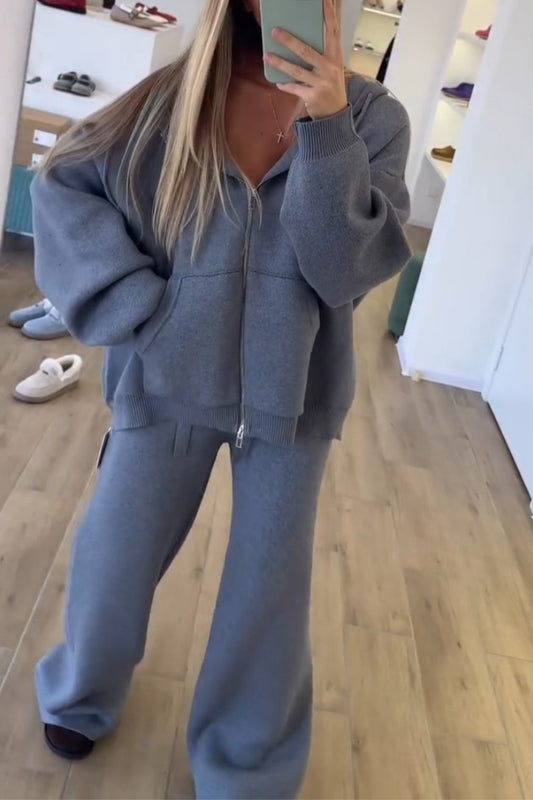 Cream Cozy Lounge Set With Zip Hoodie