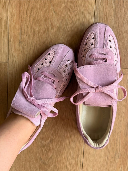 Pink Lace-Up Casual Shoes With Woven Detailing