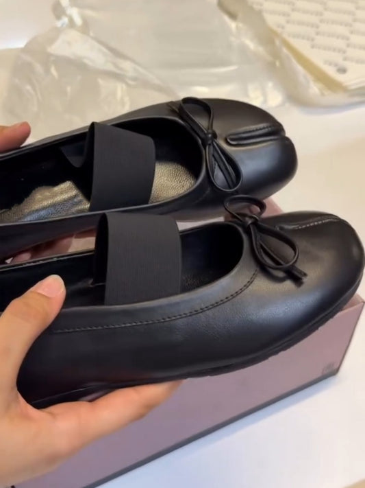 Black Leather Ballet Flats With Bow Detail