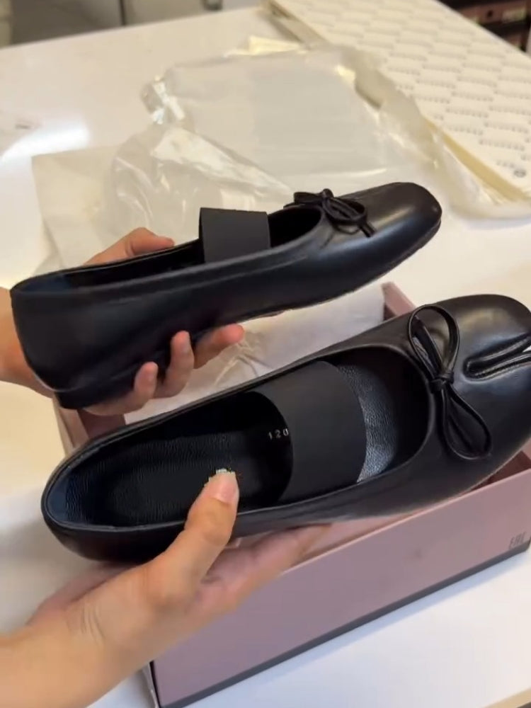 Black Leather Ballet Flats With Bow Detail