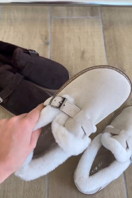 Suede Fur Lined Mules With Buckle Strap