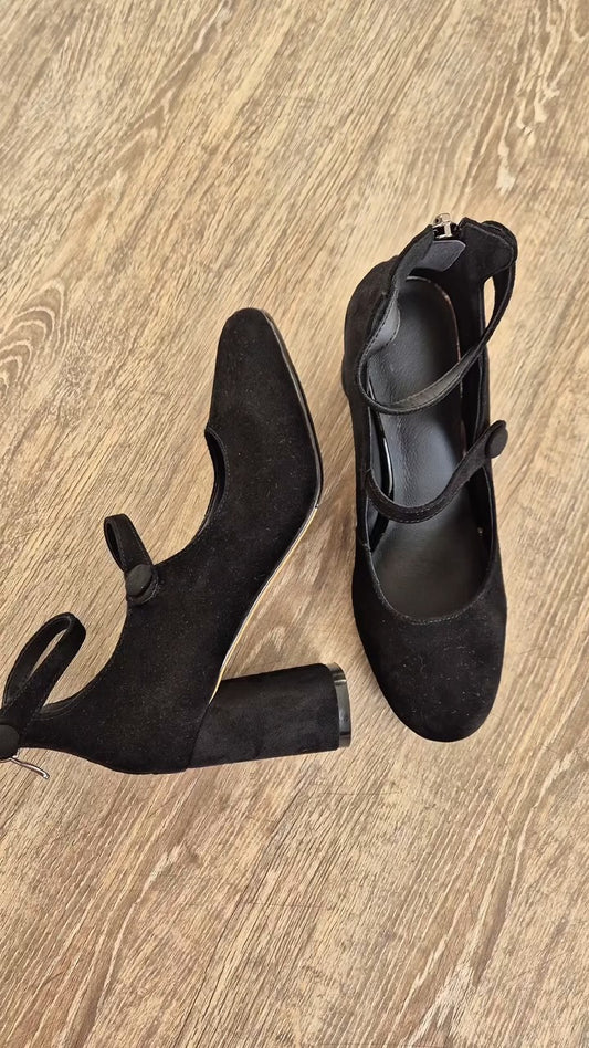 Black Suede Mary Jane Heeled Pumps