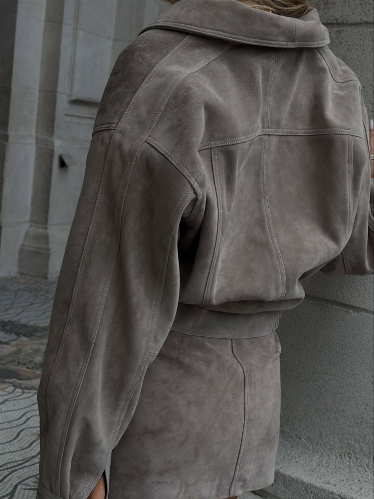 Taupe Suede Set: Cropped Jacket Mini Skirt