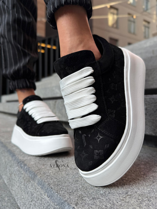 Fuchsia Velvet Platform Sneakers With Wide White Laces