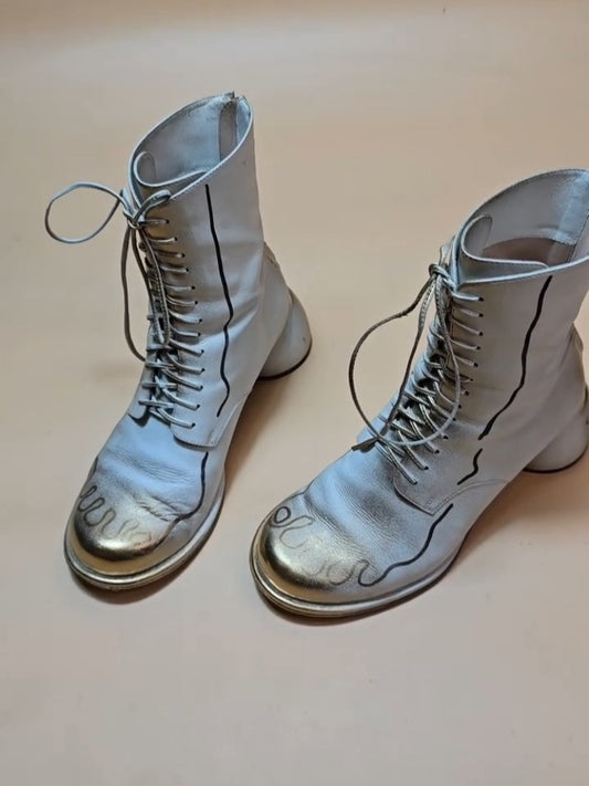 White Lace-Up Combat Boots With Black Wire-Style Trim