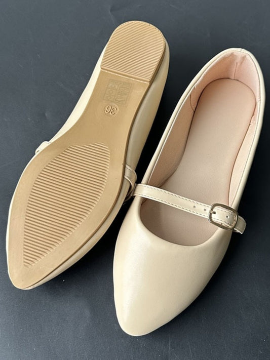 Cream Pointed-Toe Flats With Buckle Strap
