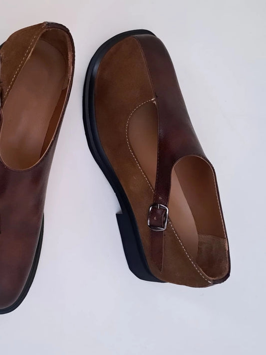 Two-Tone Distressed Leather Mary Jane Boots