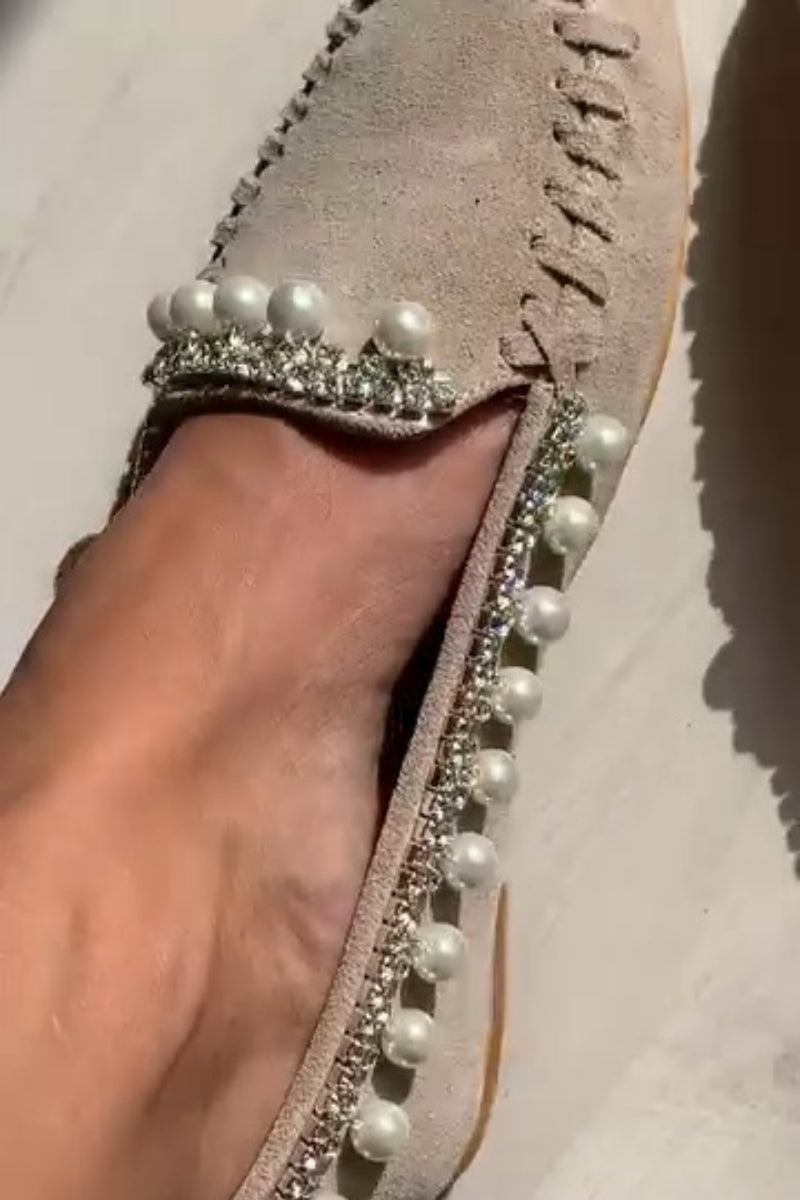 Pearl-Embellished Suede Moccasin Loafers