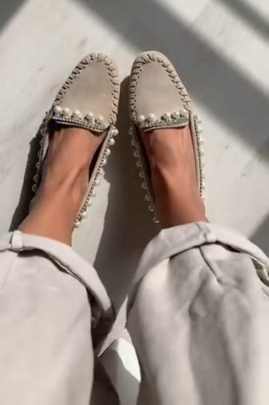 Pearl-Embellished Suede Moccasin Loafers