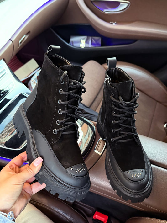 Suede Combat Boots With Thick Lug Sole