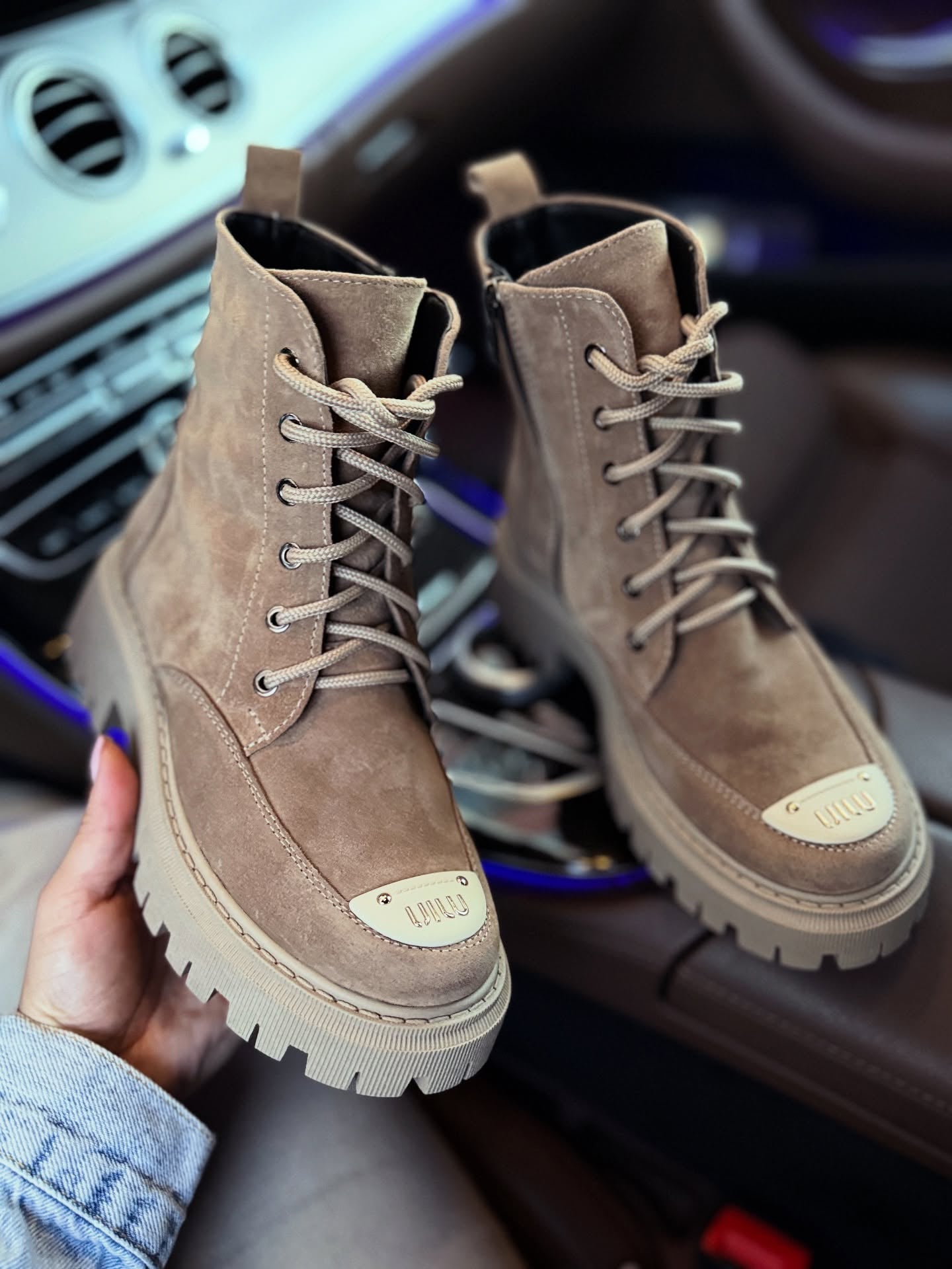 Suede Combat Boots With Thick Lug Sole
