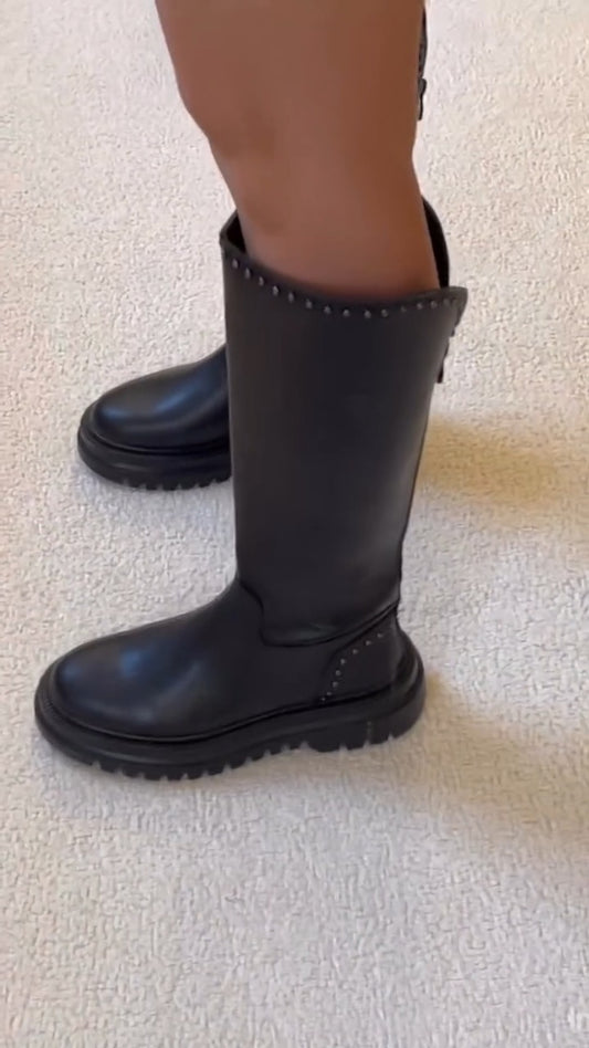 Black Studded Knee-High Boots With Lug Sole