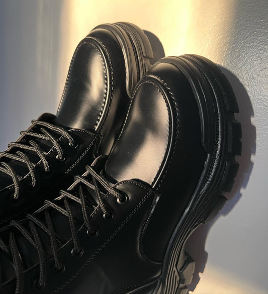 Black Leather Combat-Style Boots