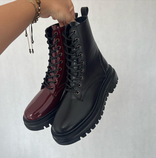 Burgundy Patent Lace-Up Combat Boots With Thick Sole