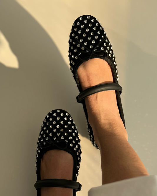 Black Embellished Mary-Jane Flats With Rhinestone Dots