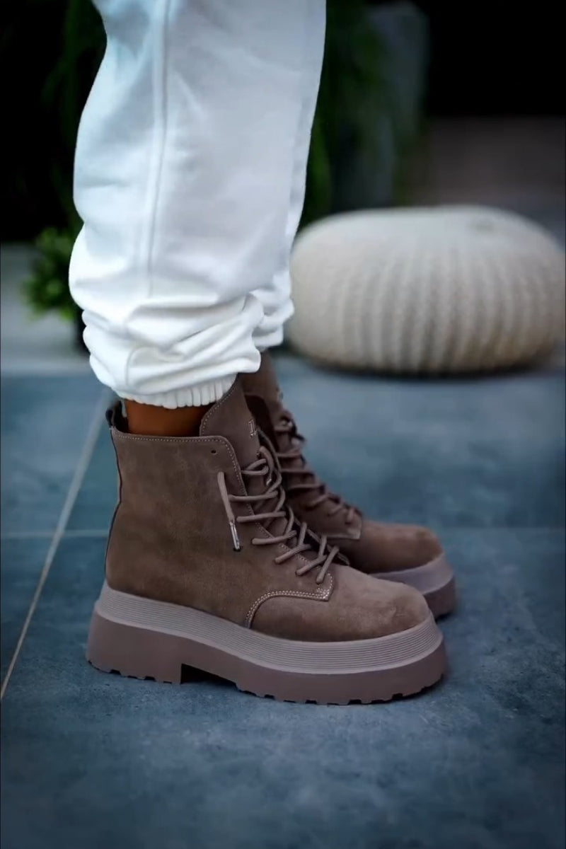 Taupe Leather-Trim Combat Boots