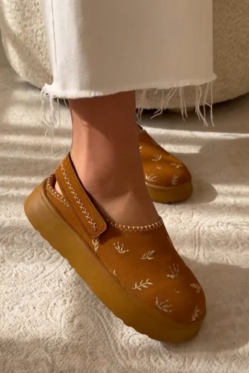 Embroidered Slip-On Shoer With Shearling Edge