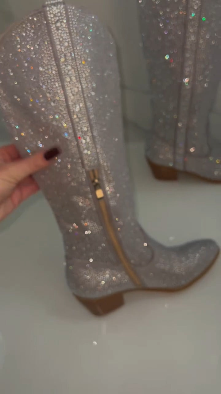 Glittery White Knee-High Boot With Zip