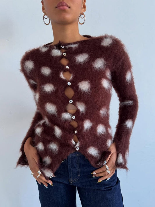 Fuzzy Polka Dot Cardigan Sweater