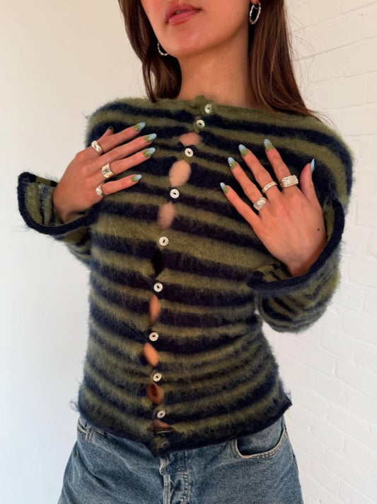 Striped Mohair-Blend Button Cardigan