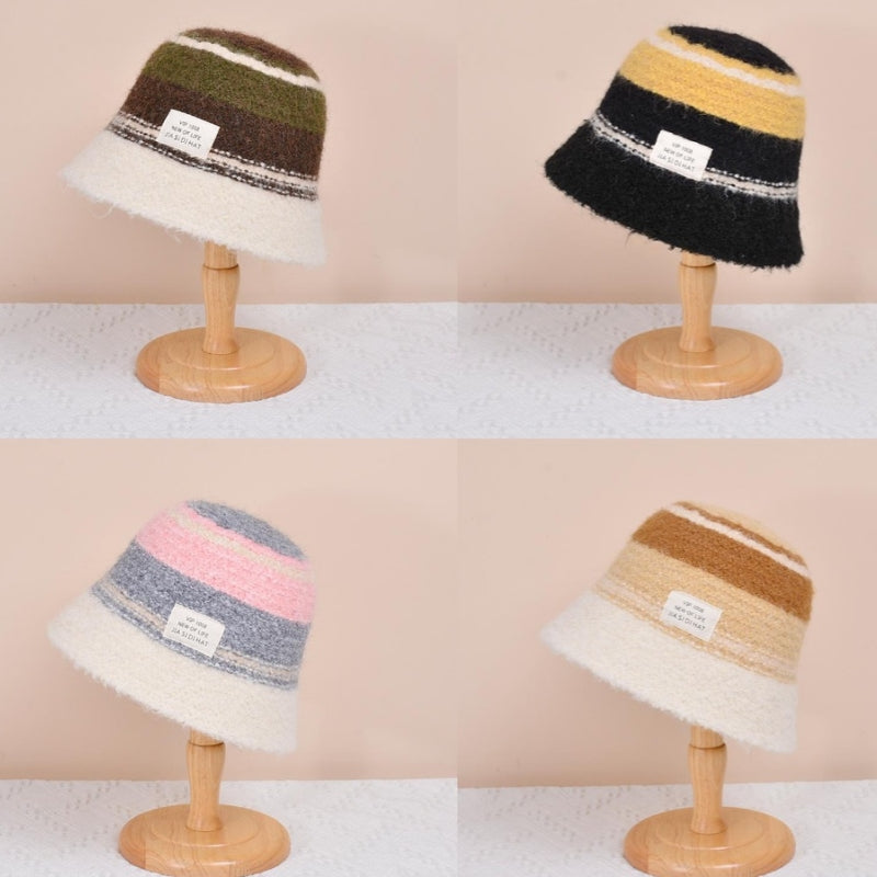 Striped Cozy Bucket Hat With Faux Fur Texture