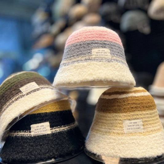 Striped Cozy Bucket Hat With Faux Fur Texture